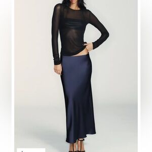 Zara navy satin maxi slip skirt